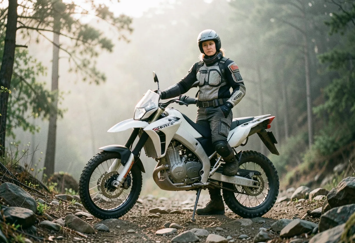 Adventure rider beside 1190 KTM Adventure bike, muted colors, soft light.