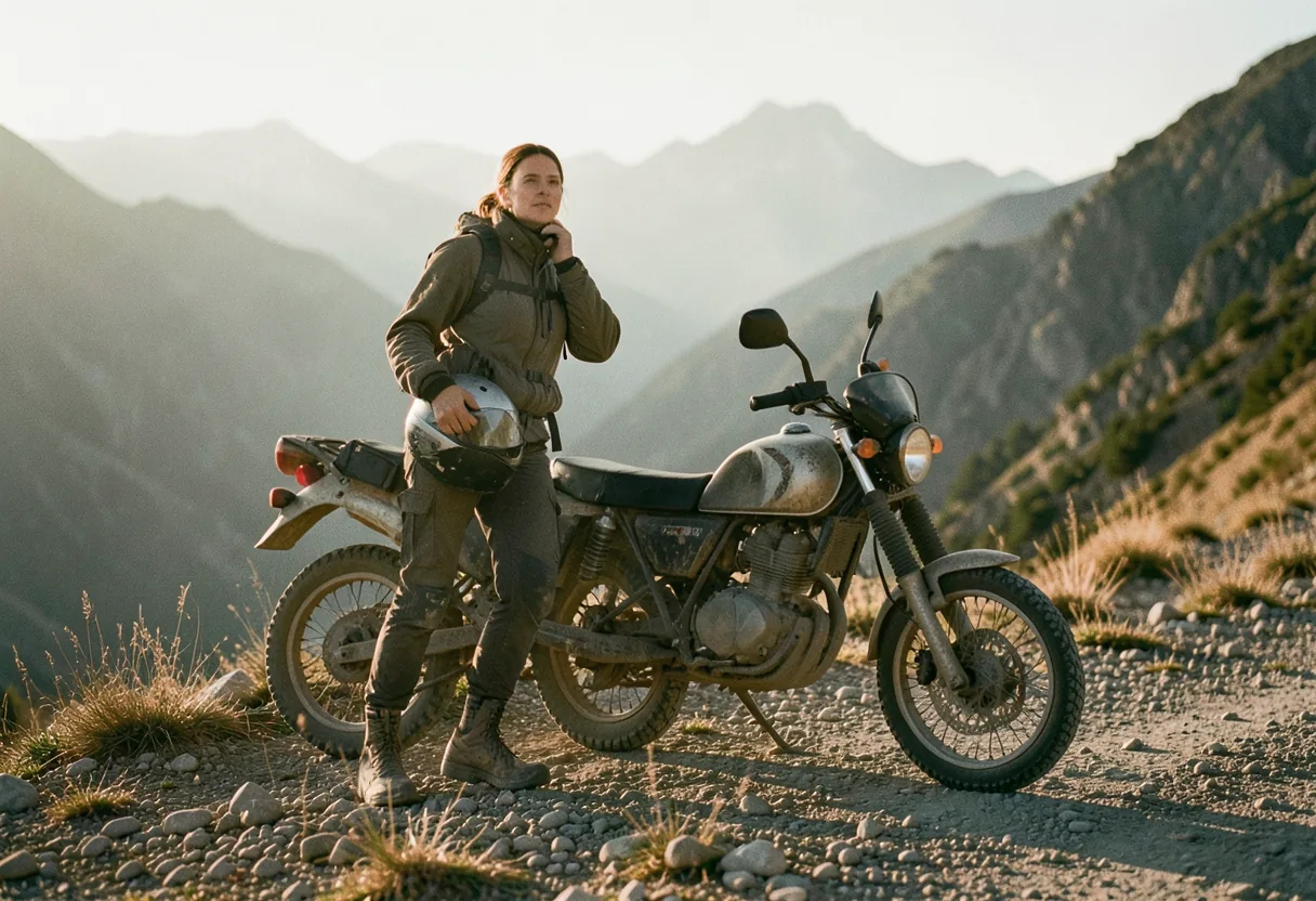 Adventure rider smiling, helmet in hand, global connections, muted outdoor setting.