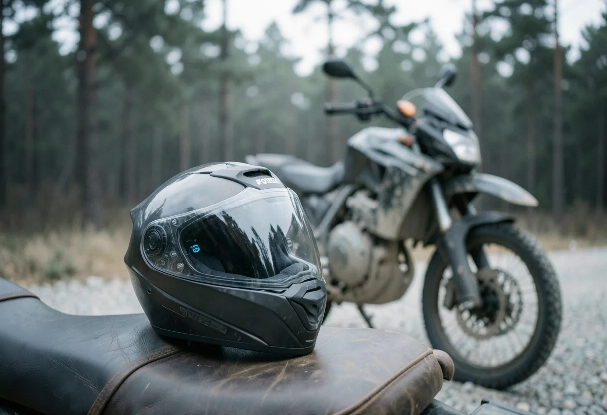 Motorcycle helmet with integrated Bluetooth, showcasing next-gen rider safety technology.
