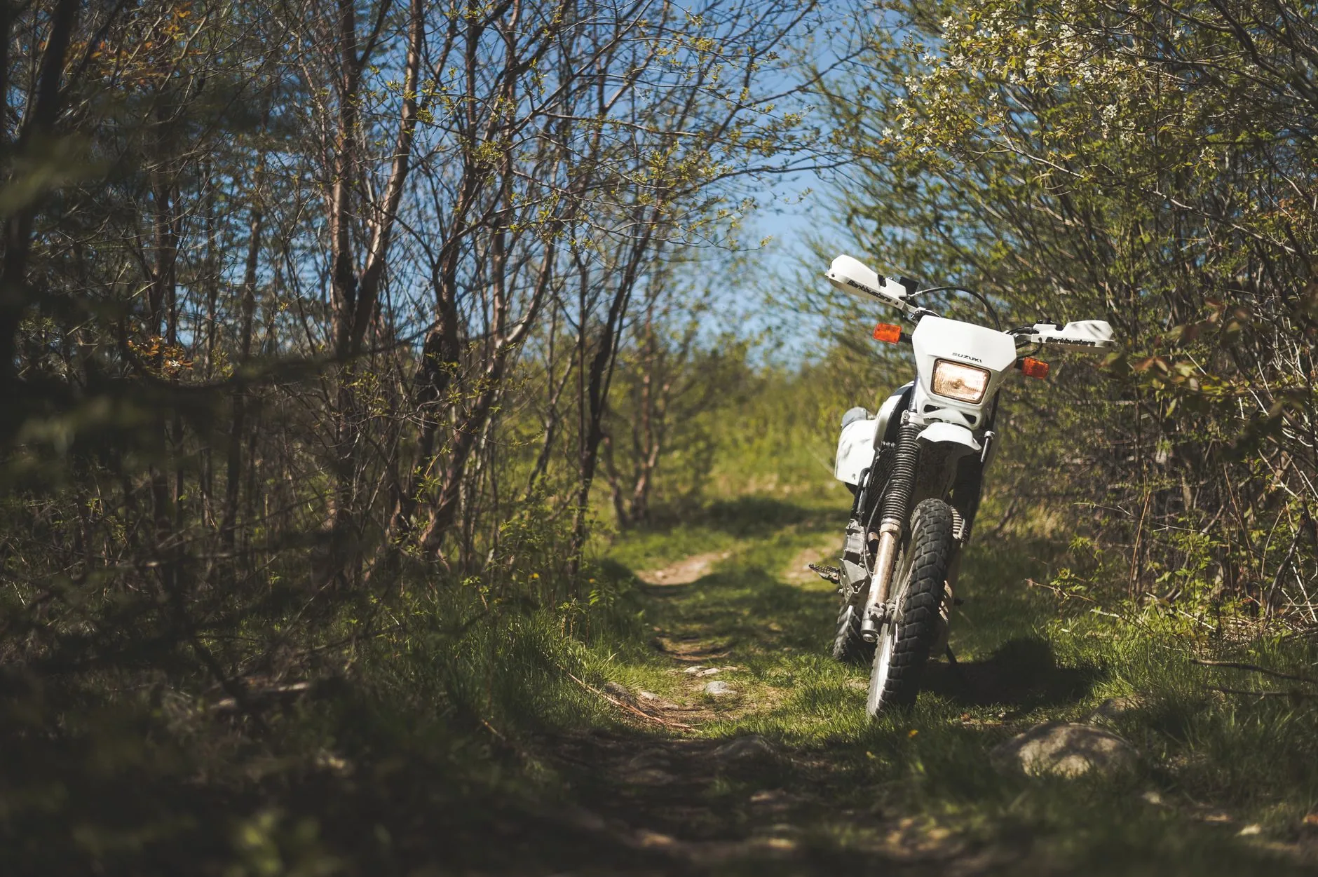Woman adventure rider on motorcycle with Cardo Packtalk Bold, muted outdoor scene.