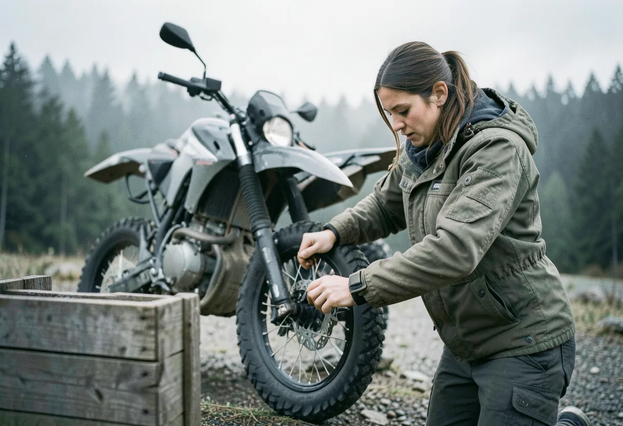 Woman changes motorcycle tire outdoors, step-by-step guide, muted colors, soft light.