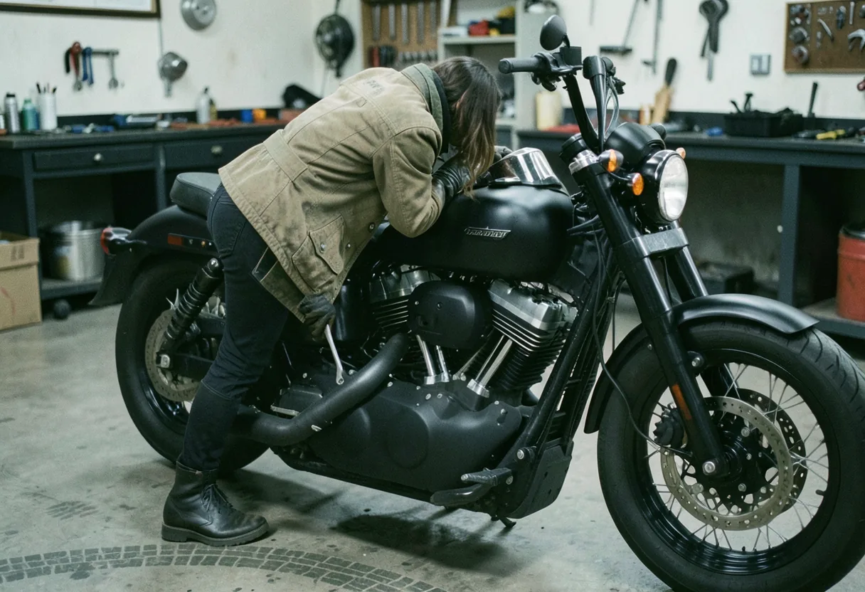 Woman customizing a Harley Street Bob in muted, soft lighting, motorcycle customization.