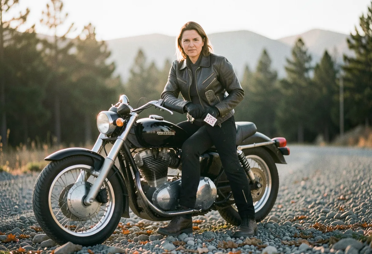 Adventurous woman on motorcycle, poker run event, focused and determined expression, muted colors.