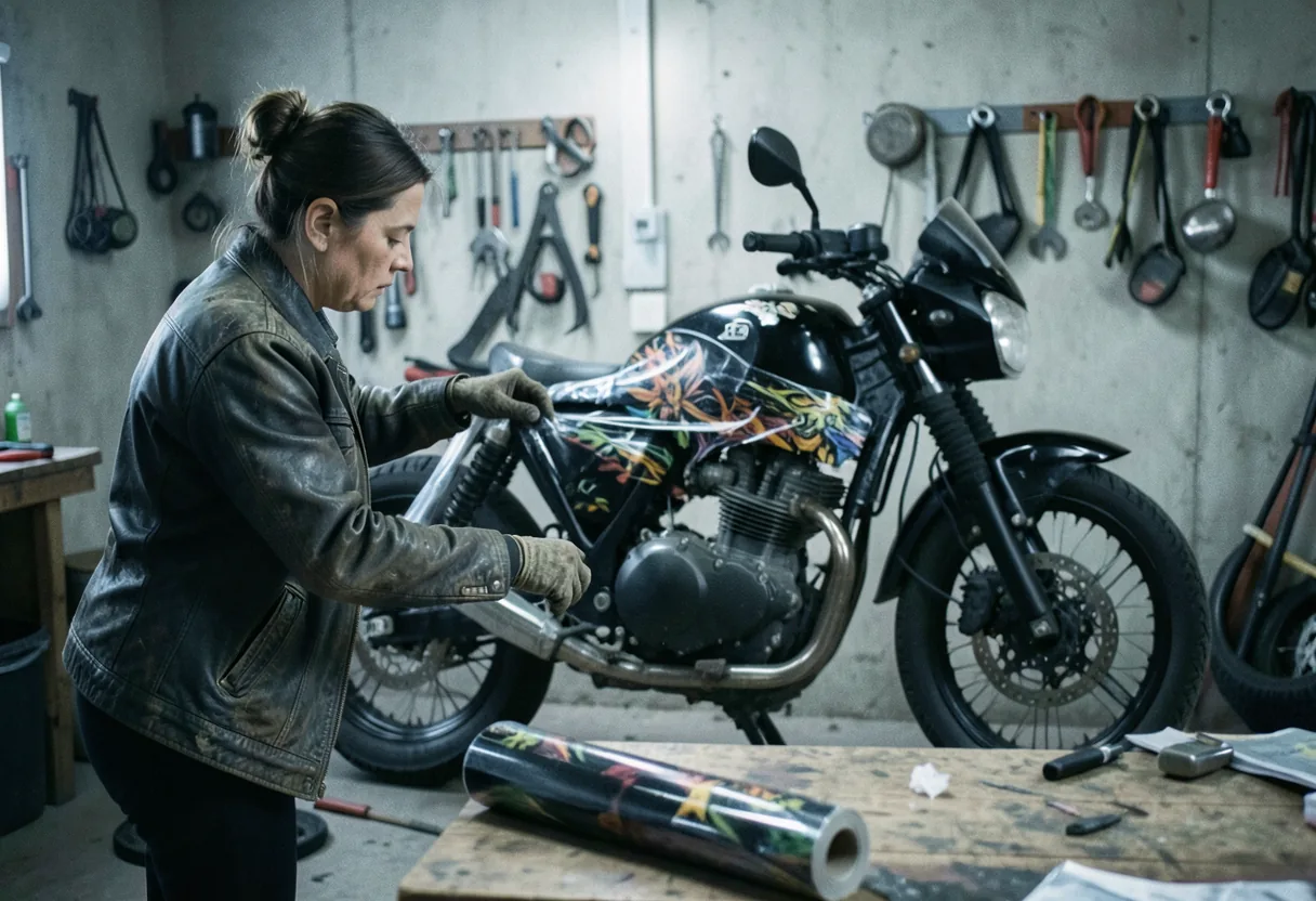 A woman in a leather jacket stands beside a wrapped motorcycle, discussing costs. Motorcycle wrapping.