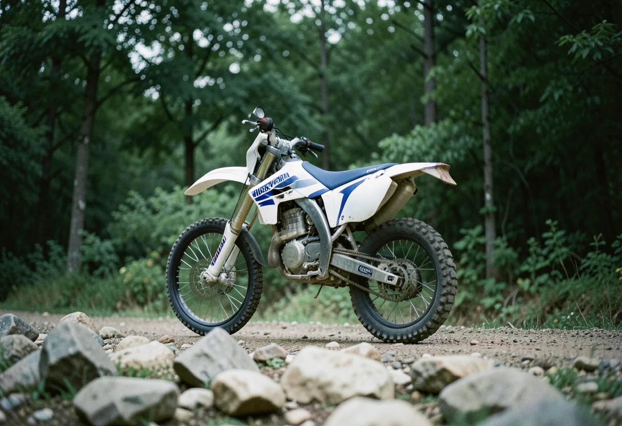 White and blue Husqvarna 150 dirt bike in muted, diffused light. Adventure motorcycle.