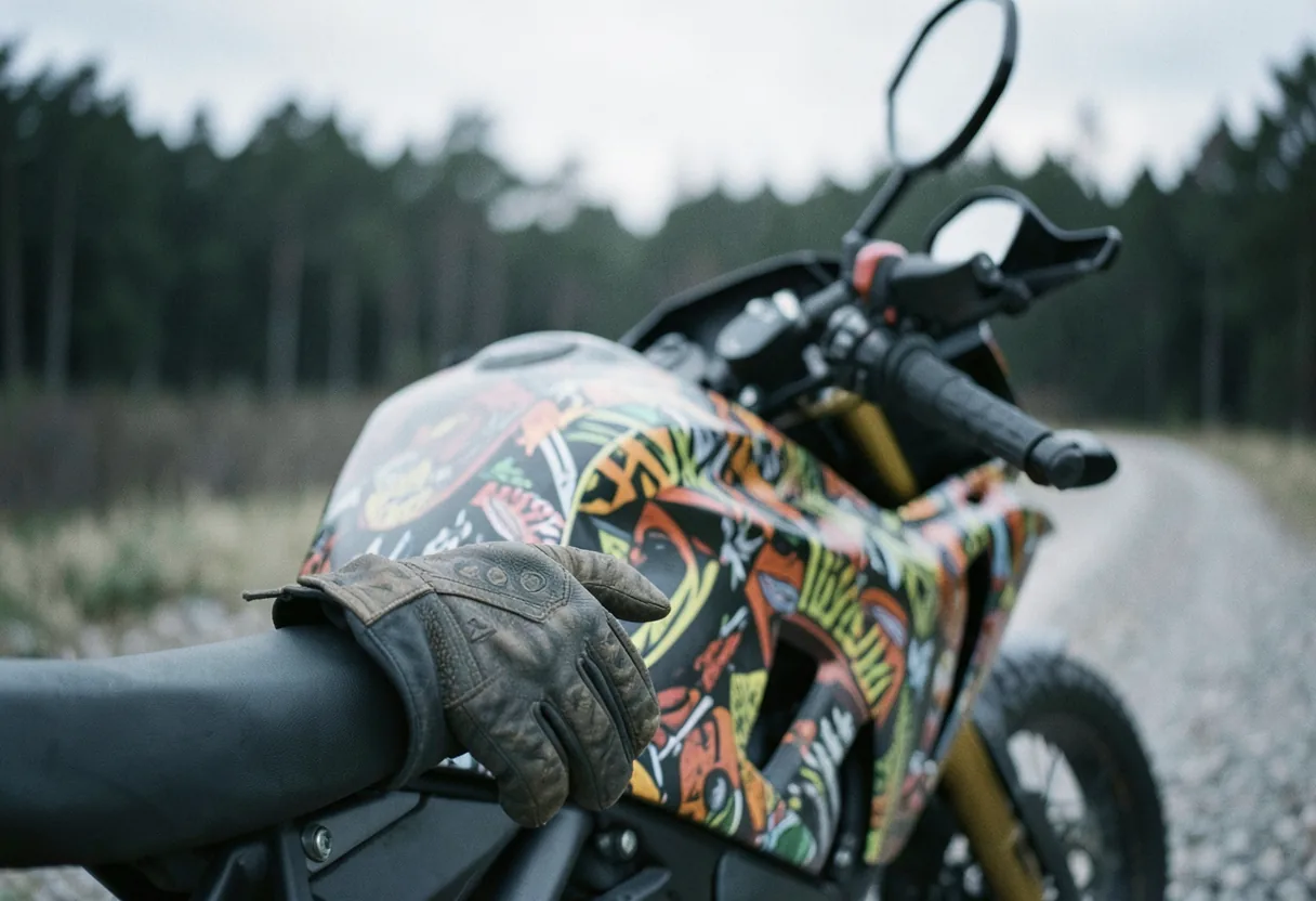 Vibrantly wrapped adventure motorcycle with matte finish, showcasing intricate designs and vibrant colors.