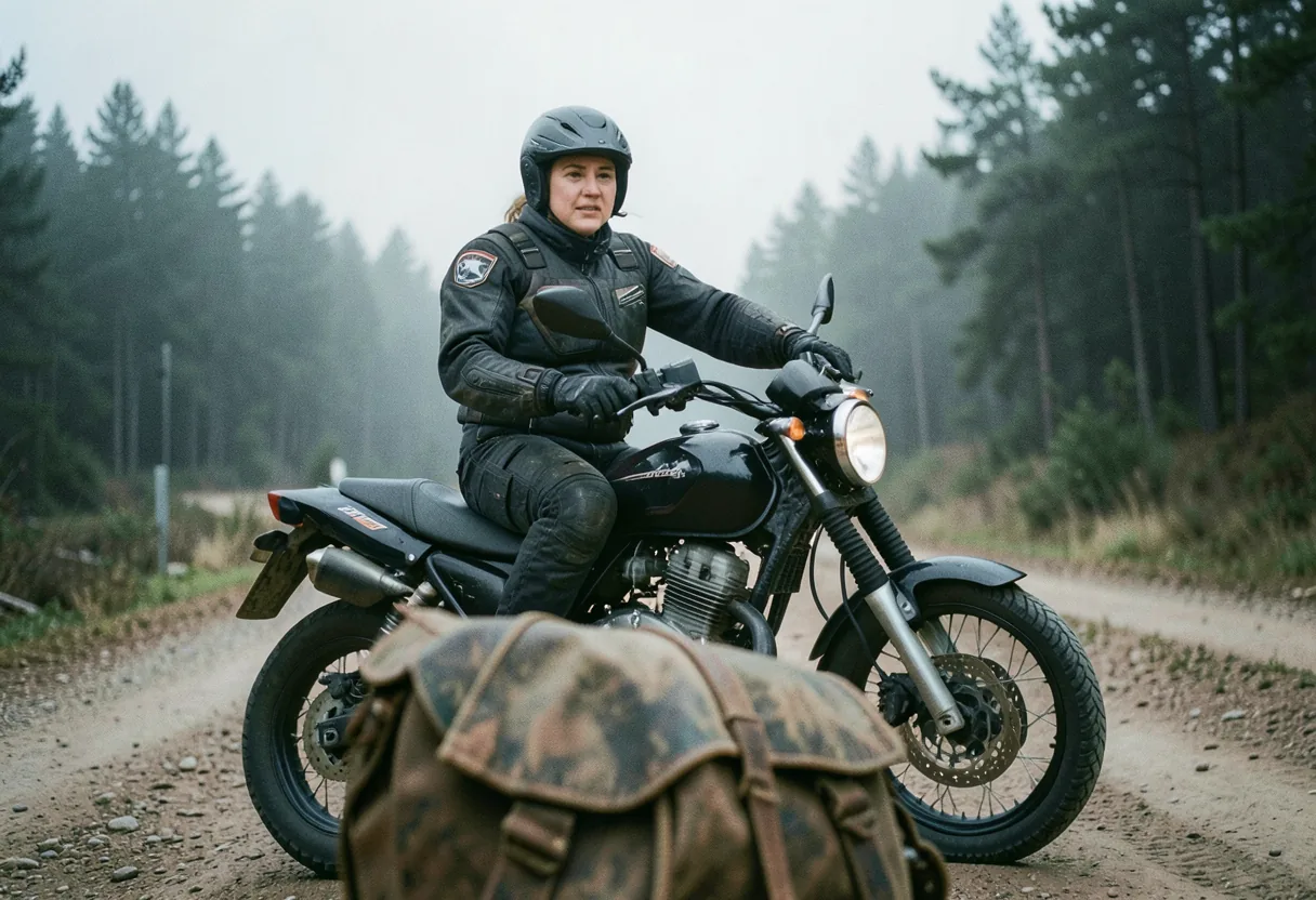 A woman adventure rider on motorcycle during a poker run event.