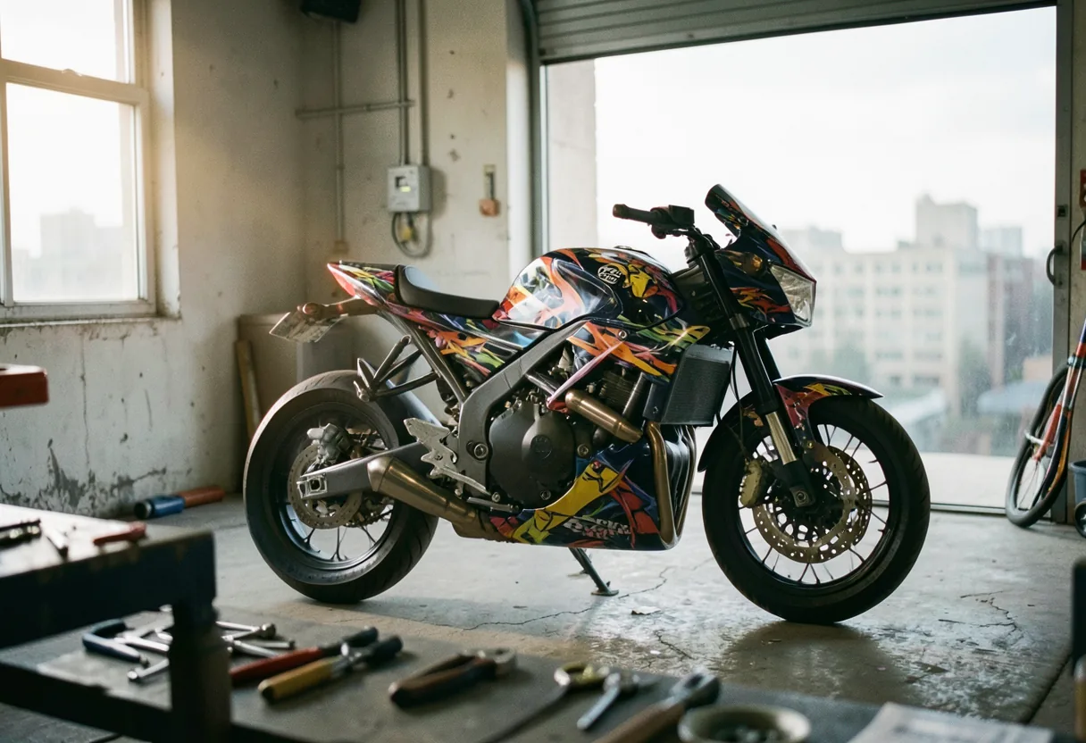Custom-painted motorcycle in vinyl wrap studio under soft, diffused lighting. Motorcycle Vinyl Wrap.