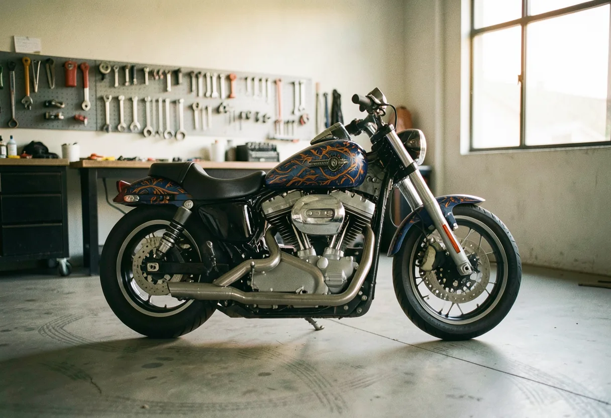 Harley Davidson motorcycle with striking blue wrap design under soft lighting.