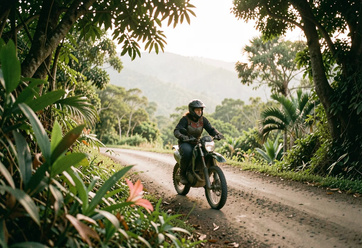 Woman on dirt bike exploring Dominican Republic's lush tropical landscape.