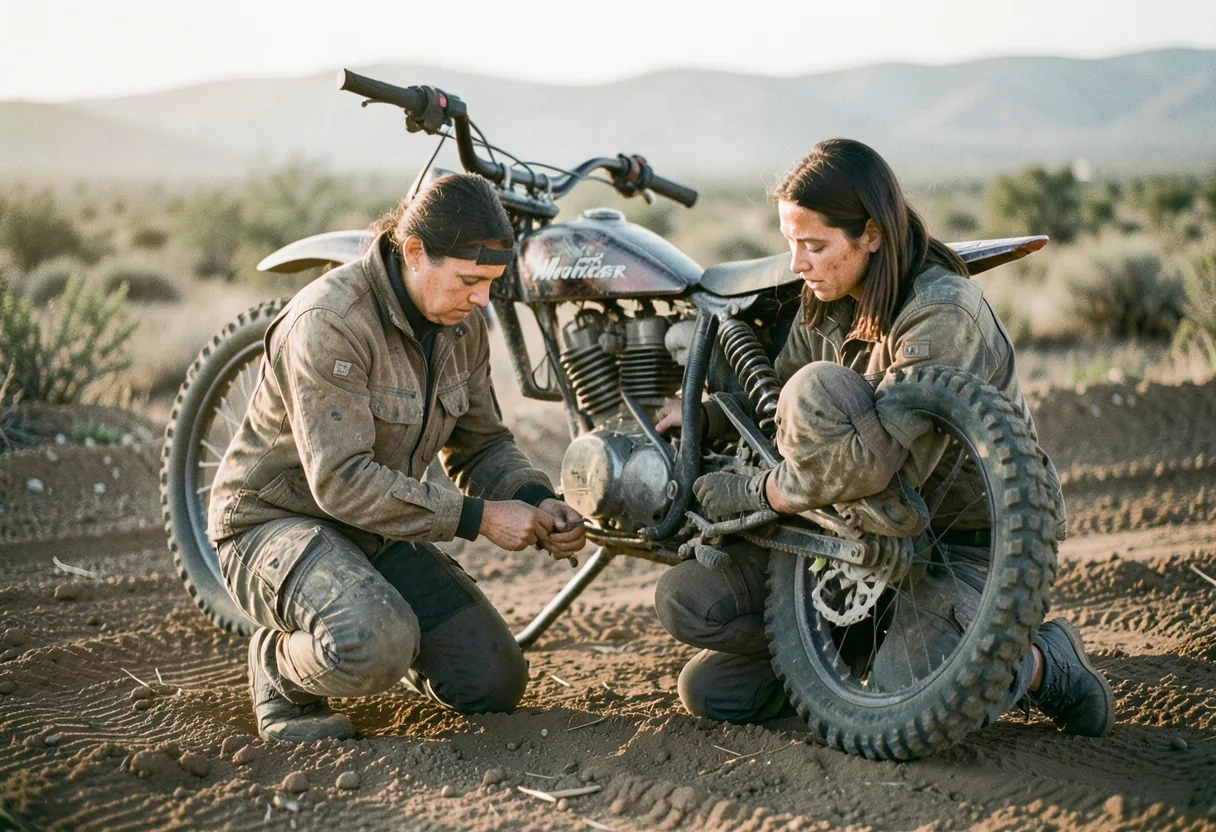 Woman in dirt-stained gear kneeling beside off-road motorcycle, muddy terrain, adventure riding.