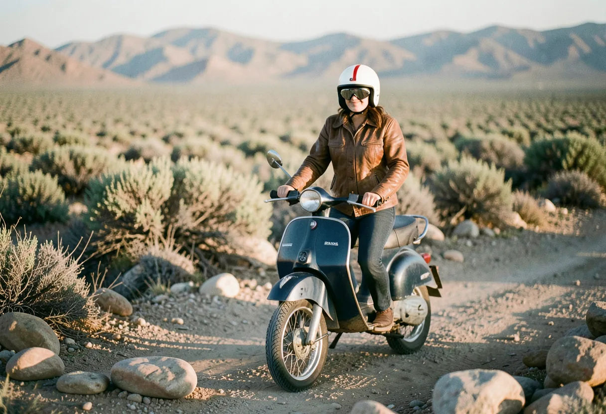 Adventure rider in dusty leather jacket, scooter tramp scotty, muted tones.