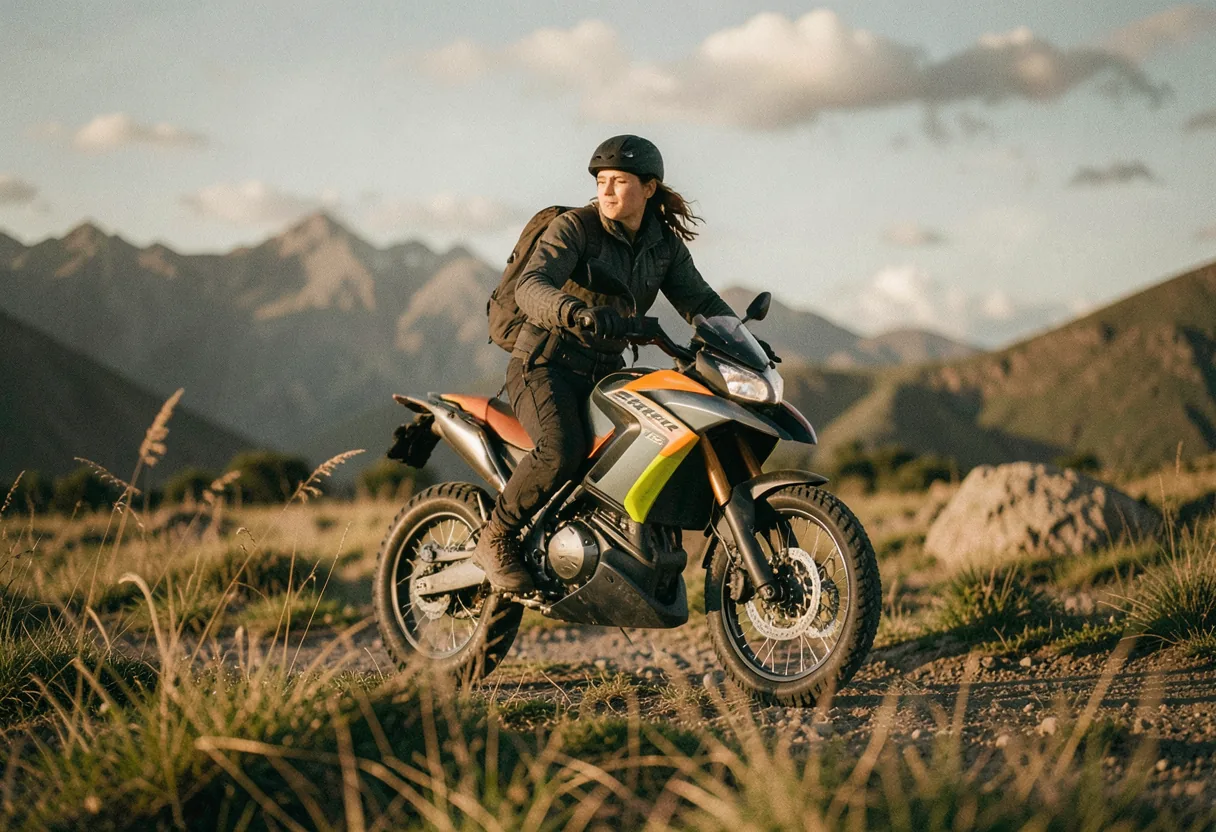 Adventurer on electric motorcycle in rugged terrain, Super Soco: Electric Adventure Innovation.