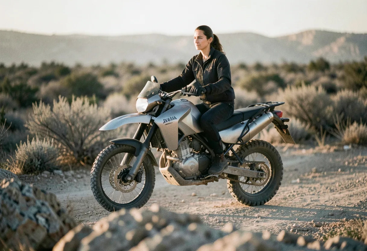Adventure rider on Yamaha Ténéré 700 in muted, desaturated outdoor setting.