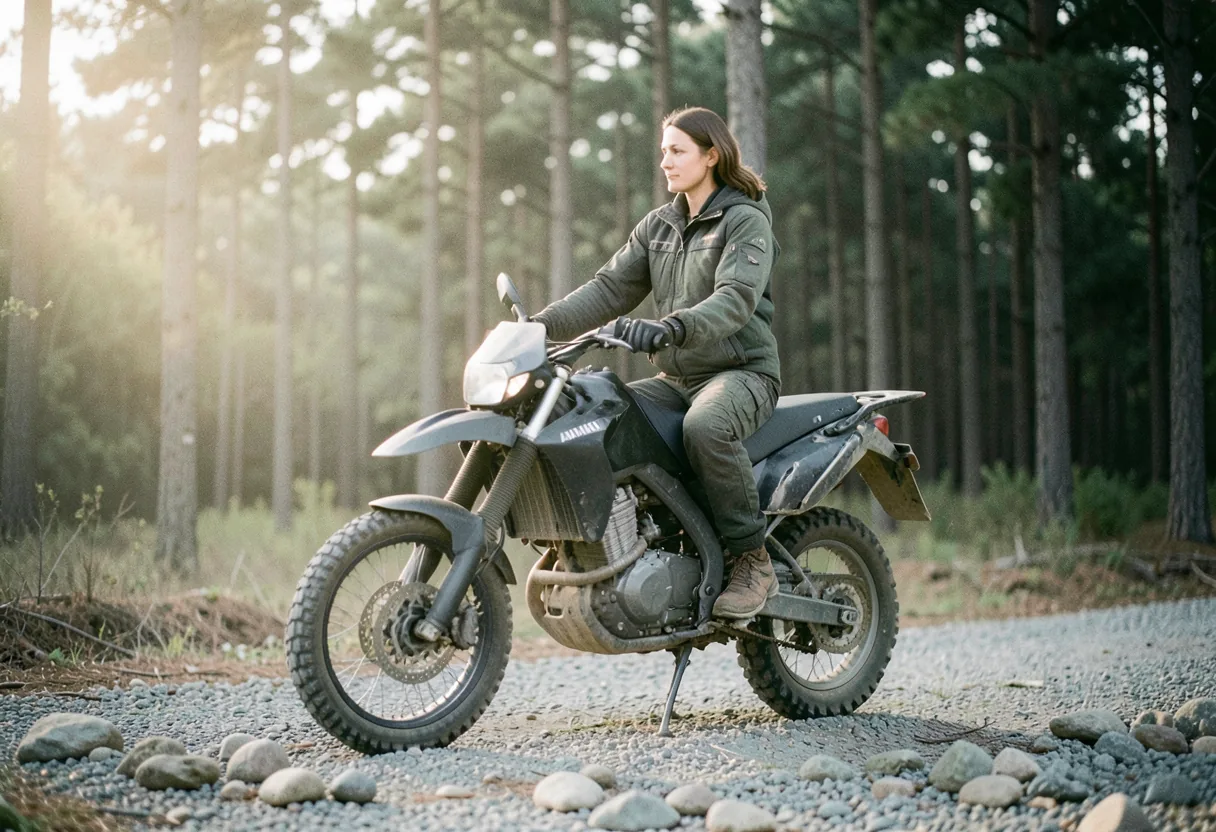Woman in adventure gear on Yamaha Ténéré 700, muted tones, soft lighting.