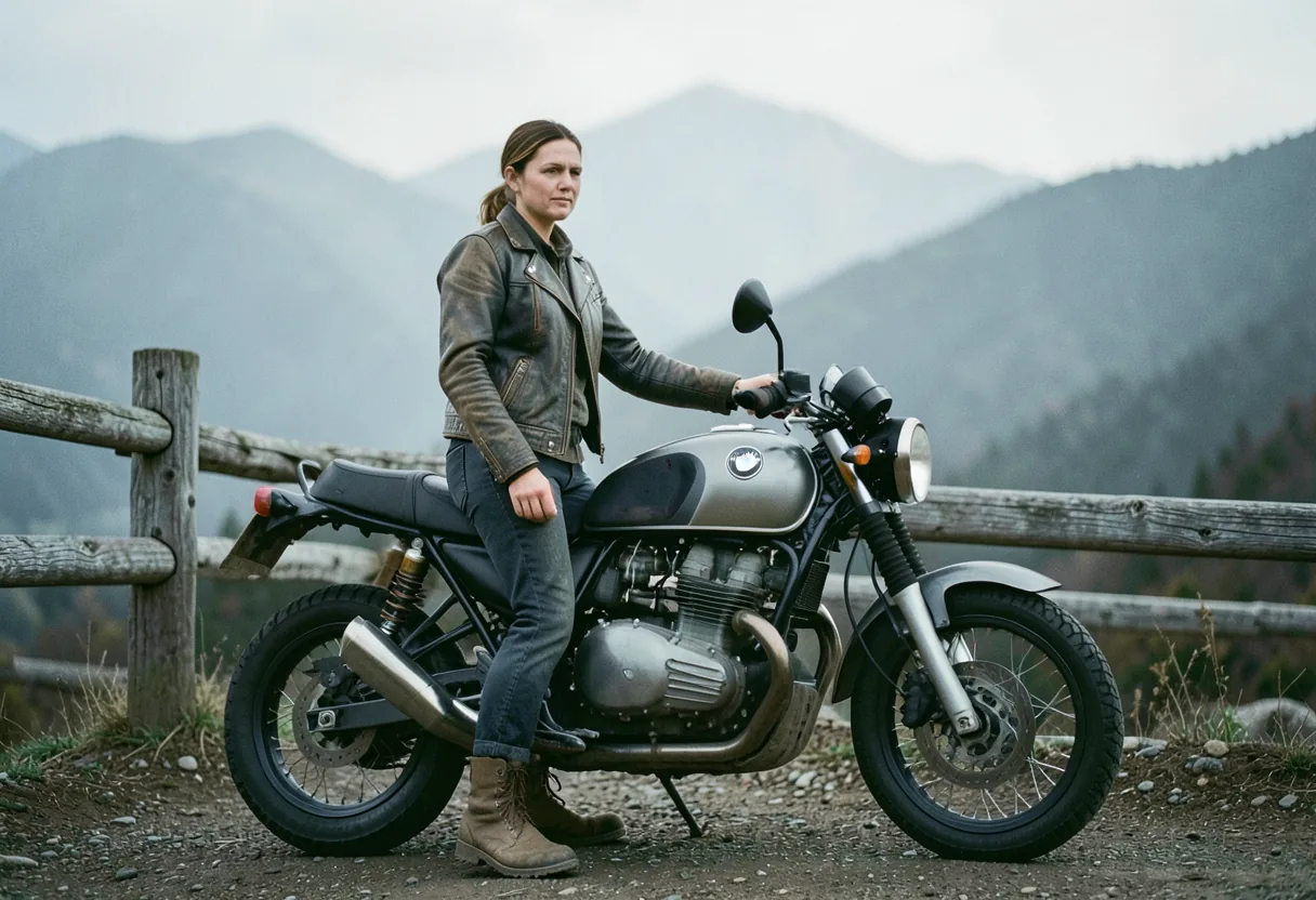 A woman in leather jacket riding a bike on adventure trail, ultimate guide.