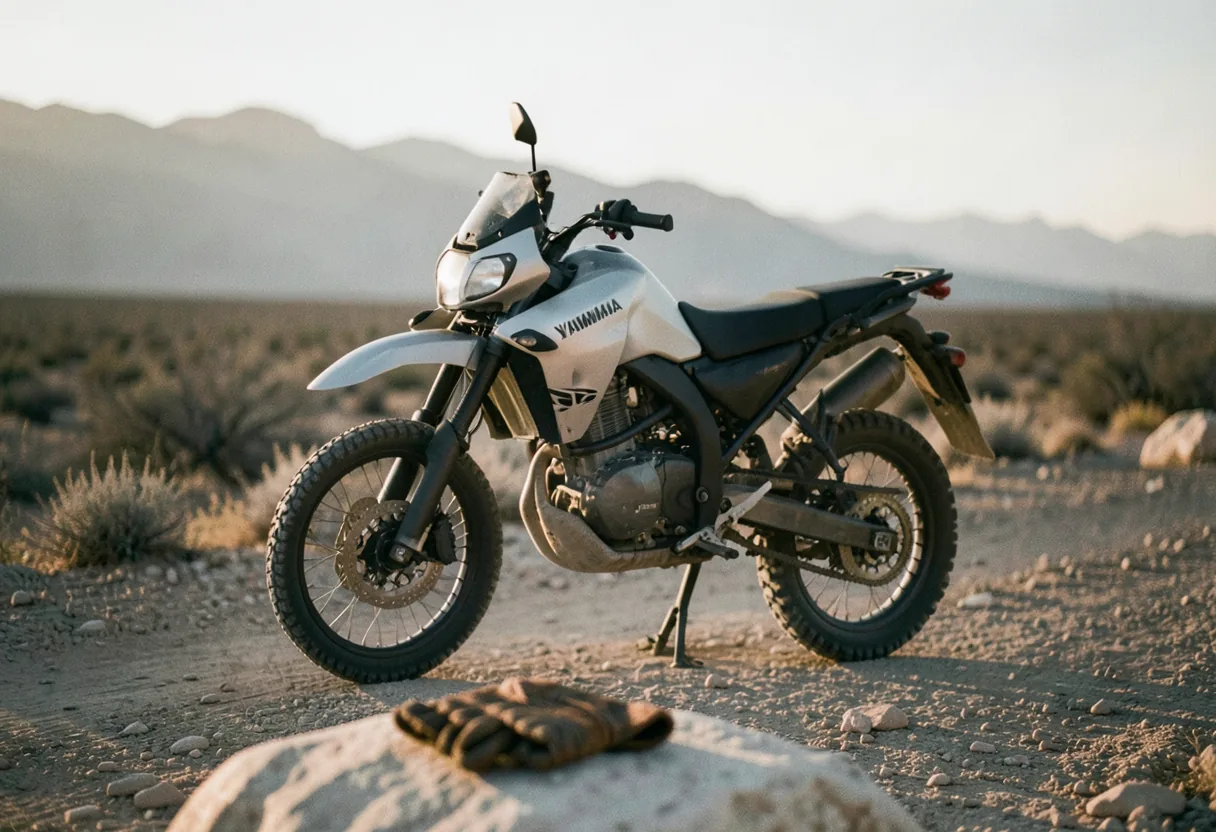 Yamaha Ténéré 700 adventure motorcycle, muted colors, soft light, midground focus.