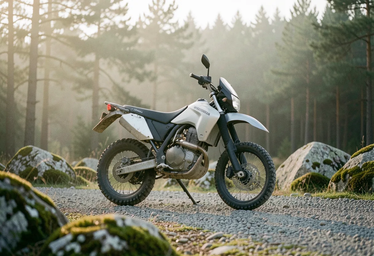 Yamaha Ténéré 700 adventure bike parked on gravel path, muted colors, soft lighting.